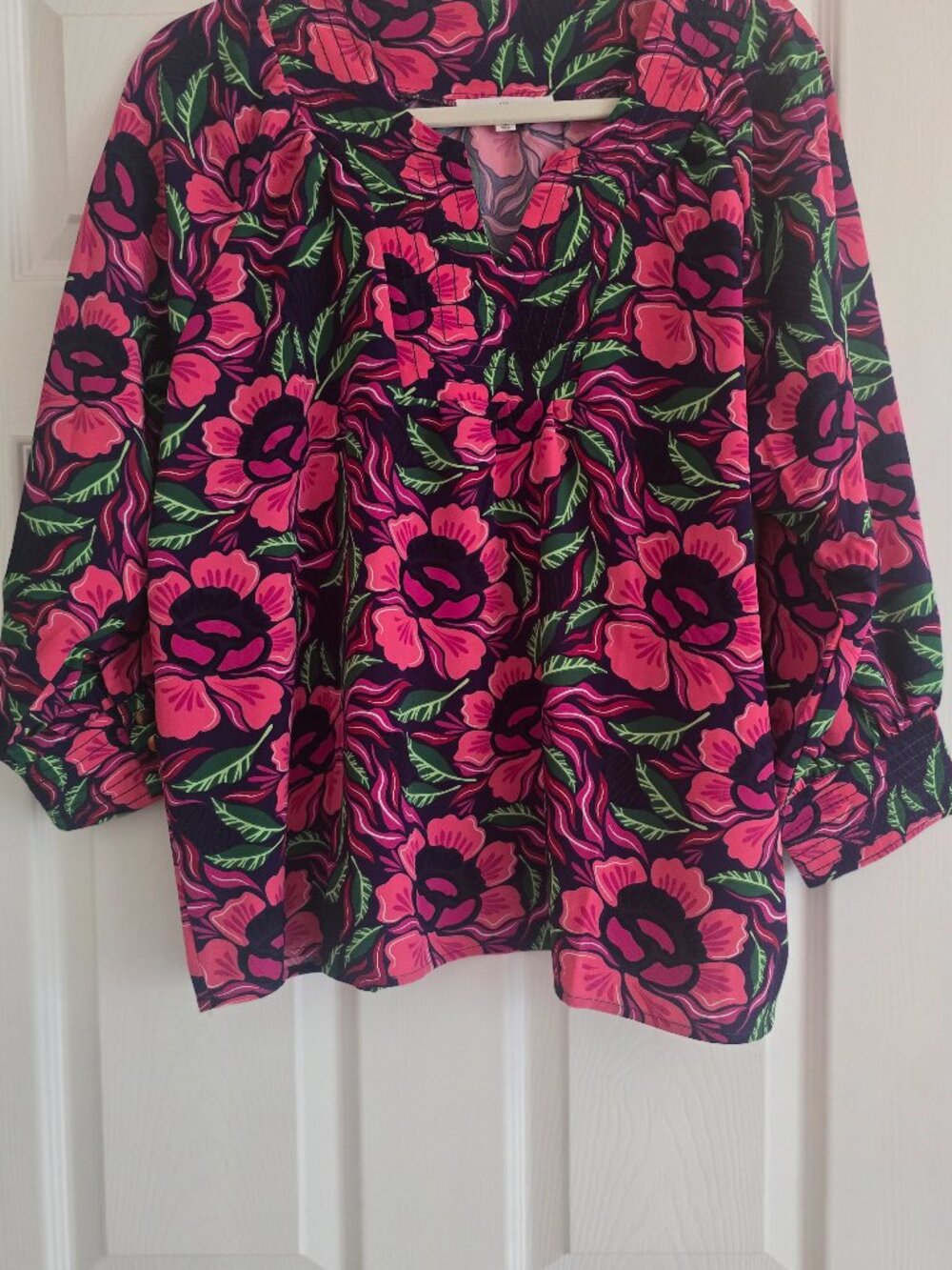 Michelle McDowell BRIGHT Pink/Green/Black Blouse Size L
